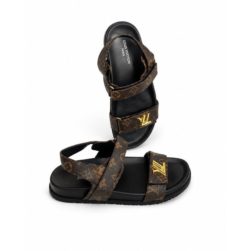 Louis Vuitton Women’s Monogram Logo Strappy Hook & Loop Sandals Brown Black Gold